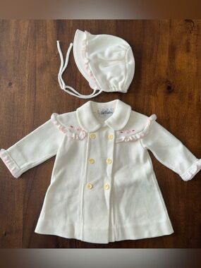 Little World Vintage Ivory Pink Ruffle Embroidered Sweater Coat w Matching Hat L